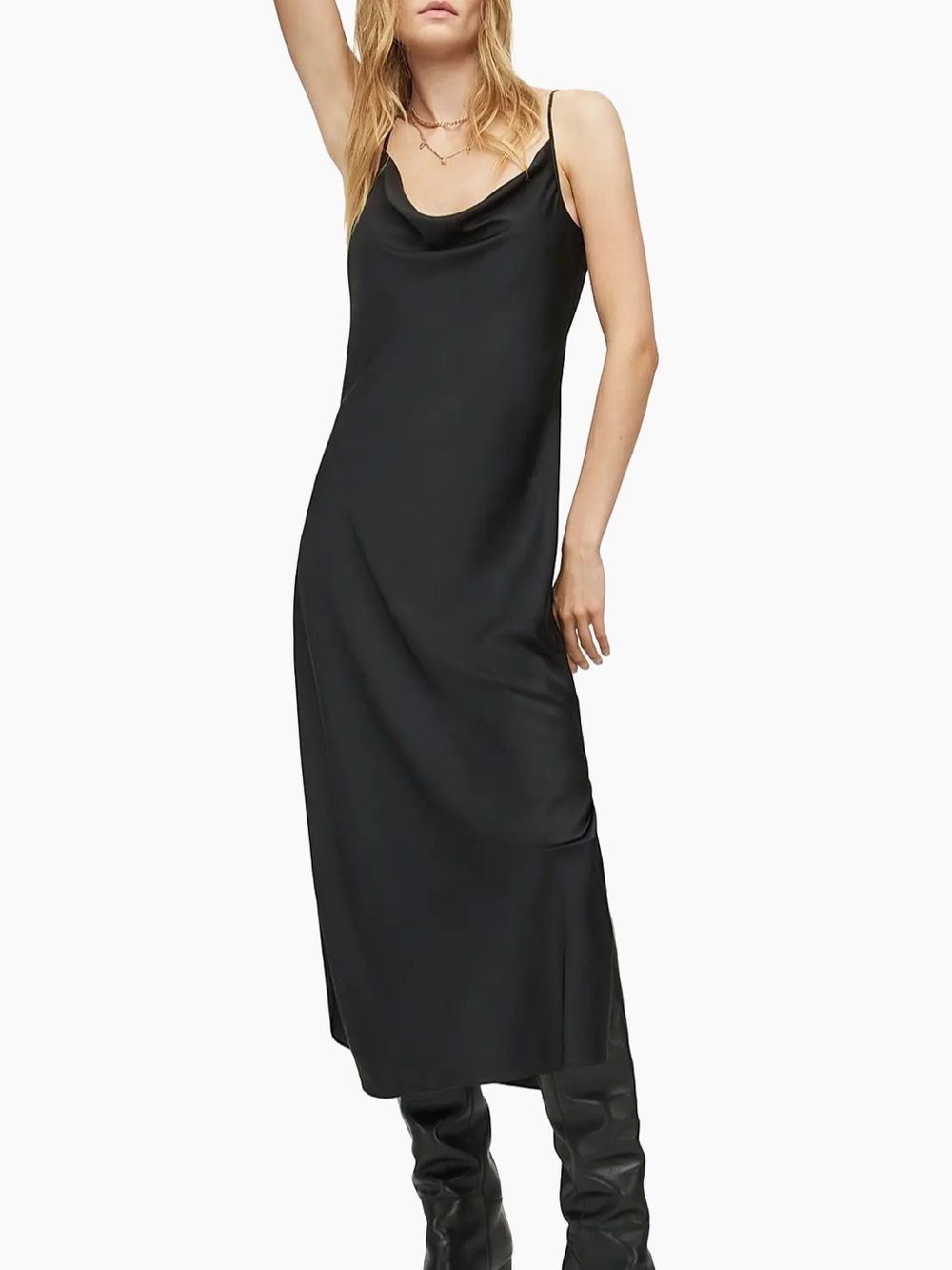 AllSaints Hadley Black Satin Slip Midi Dress